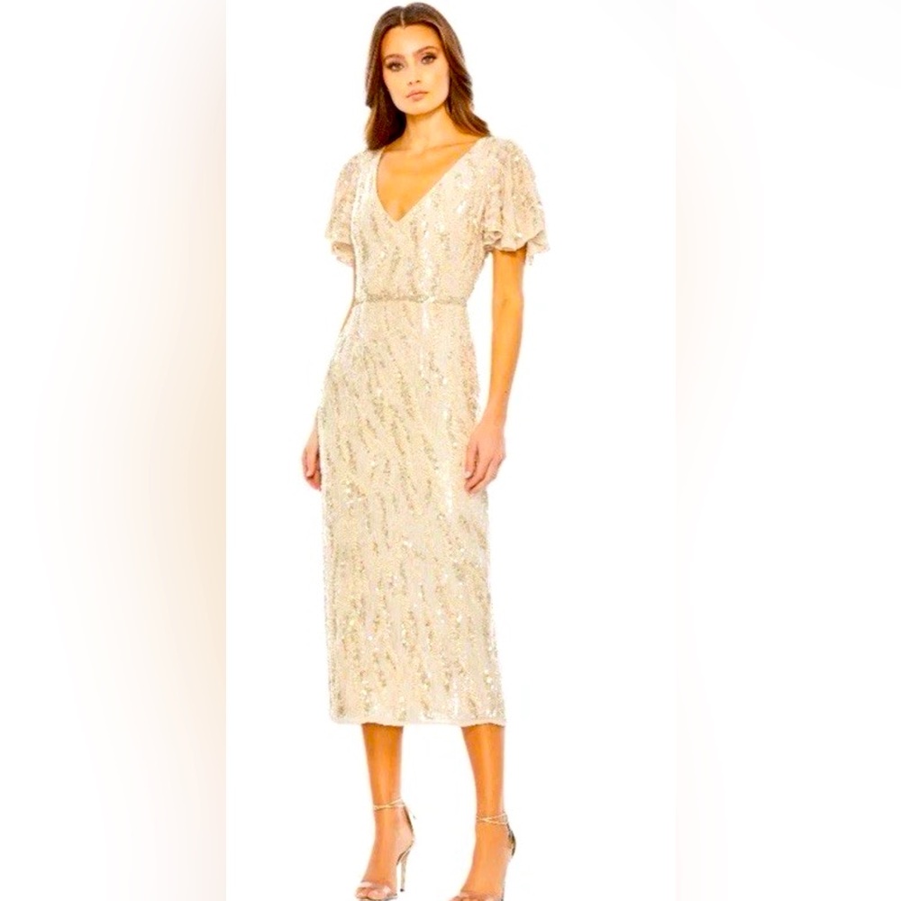 *Mac Duggal Sequined V-neck Flutter Sleeve Midi Length Dress Size 4 Style 93591C